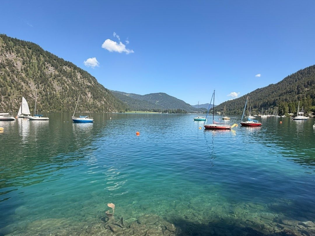Segelboote auf einem klaren Bergsee zwischen bewaldeten Hängen
